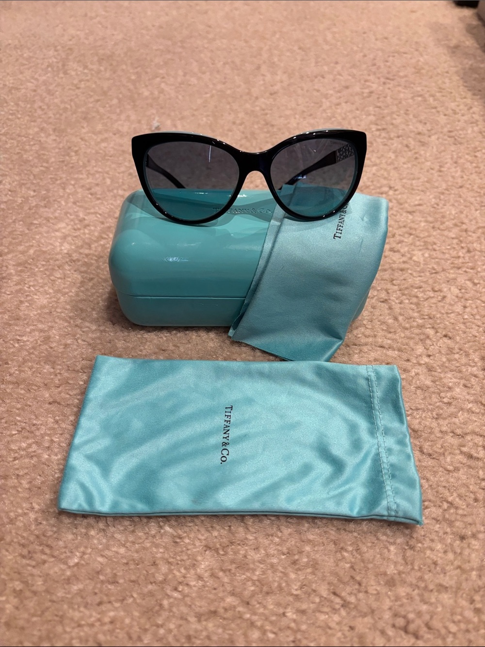 Tiffany & Co. Black Cat-Eye Sunglasses with Tiffany Blue Case and Pouch